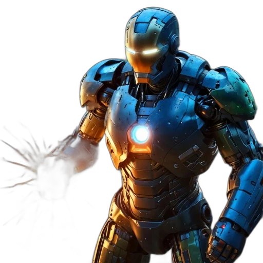 robot, weapon, 3d render, concept art, comic book art, iron, man, armor transparent PNG cut-out