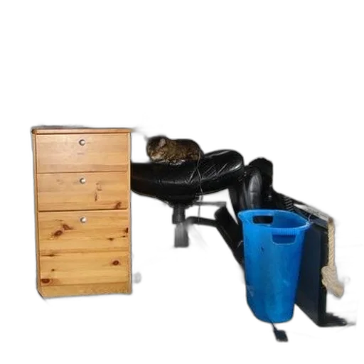 furniture, shoes, robot, weapon, 3d render, dark, cluttered, workspace transparent PNG cut-out