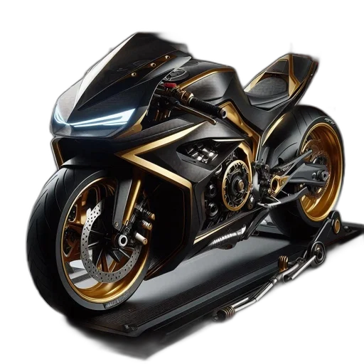 photorealistic, 3d render, concept art, cartoon, black, gold, futuristic, motorcycle transparent PNG cut-out