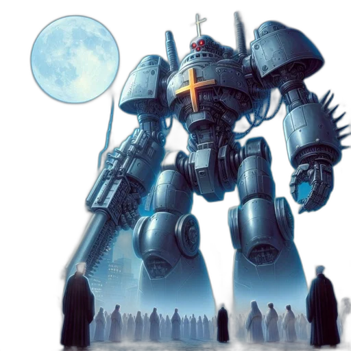 robot, weapon, concept art, comic book art, fantasy art, 3d render, outer space, blue transparent PNG cut-out