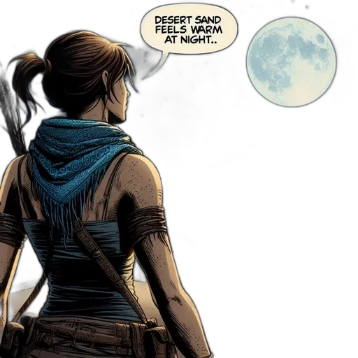 comic book art, concept art, woman, stands, alone, moonlit, desert, wearing transparent PNG cut-out