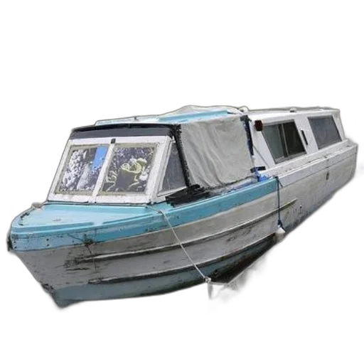 car, 3d render, photorealistic, weathered, blue, white, houseboat, docked transparent PNG cut-out