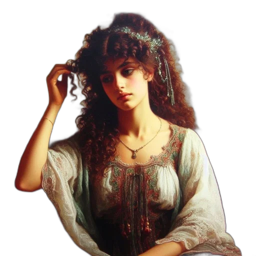dress, jewelry, hair, face, oil painting, photorealistic, fantasy art, vaporwave transparent PNG cut-out