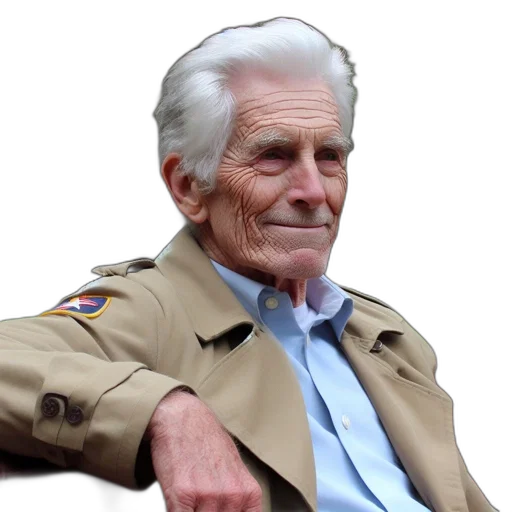 jacket, staff, face, elderly, man, beige, badge, sits transparent PNG cut-out