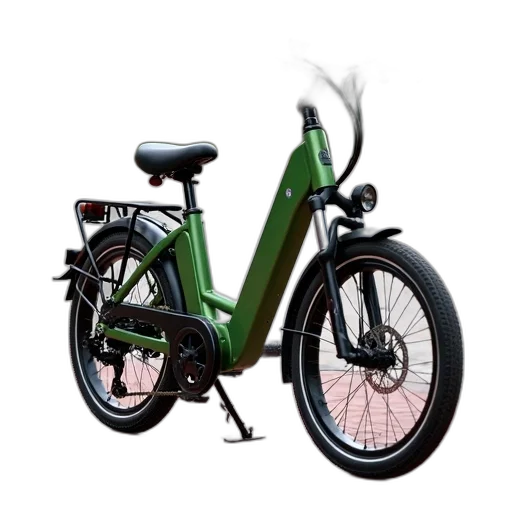 3d render, photorealistic, concept art, green, electric, bicycle, black, seat transparent PNG cut-out