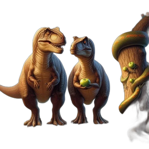 concept art, fantasy art, 3d render, earth tones, two, dinosaurs, interact, apples transparent PNG cut-out