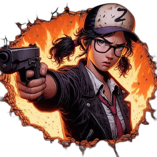 weapon, jacket, comic book art, concept art, cartoon, pixel art, fire, animated transparent PNG cut-out