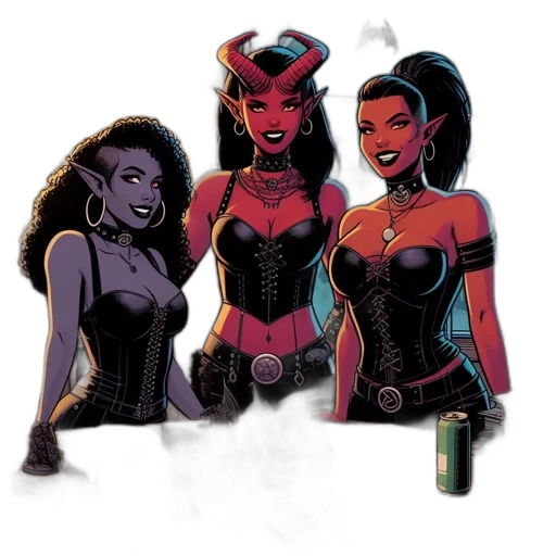 comic book art, concept art, fantasy art, cartoon, dark, three, female, characters transparent PNG cut-out