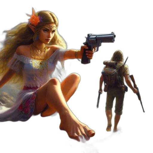 weapon, concept art, fantasy art, pixel art, cyberpunk, golden, earth tones, elf-featured transparent PNG cut-out