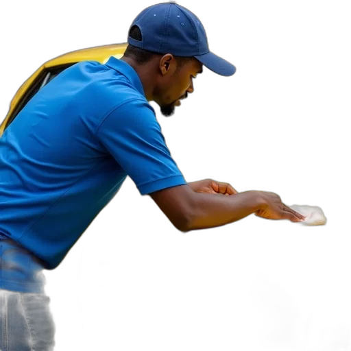 staff, person, blue, shirt, cap, leaning, over, hood transparent PNG cut-out
