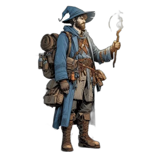 staff, jacket, weapon, concept art, fantasy art, pixel art, comic book art, blue transparent PNG cut-out