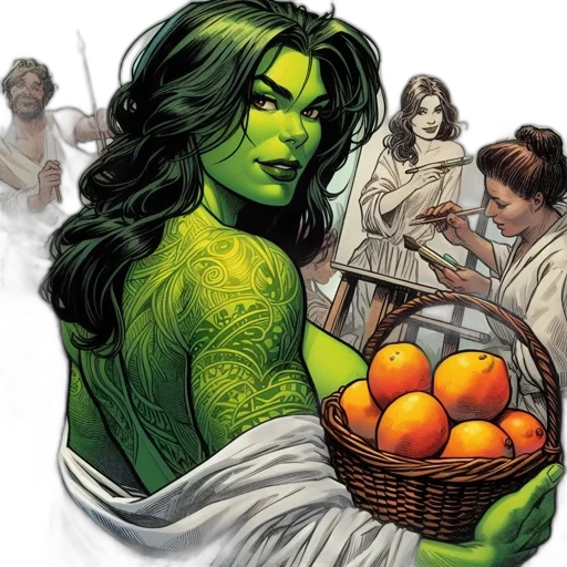 comic book art, concept art, fantasy art, green, green-skinned, woman, tattoos, basket transparent PNG cut-out