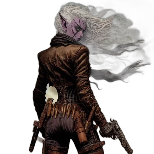 hair, jacket, staff, weapon transparent PNG cut-out