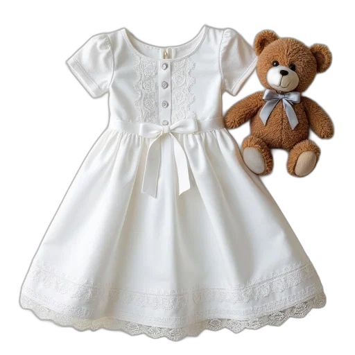 dress, white, lace, details, bow, waist, laid, out transparent PNG cut-out