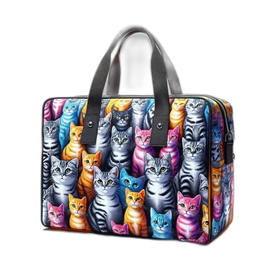 colorful, cat-patterned, handbag, featured, studio, setting, surrounded, lighting transparent PNG cut-out
