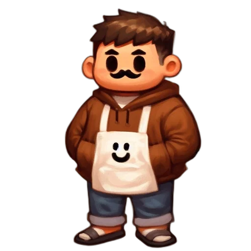 jacket, face, staff, pixel art, concept art, cartoon, 3d render, monochrome transparent PNG cut-out