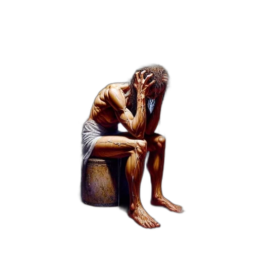 mask, concept art, oil painting, photorealistic, 3d render, man, seated, stool transparent PNG cut-out