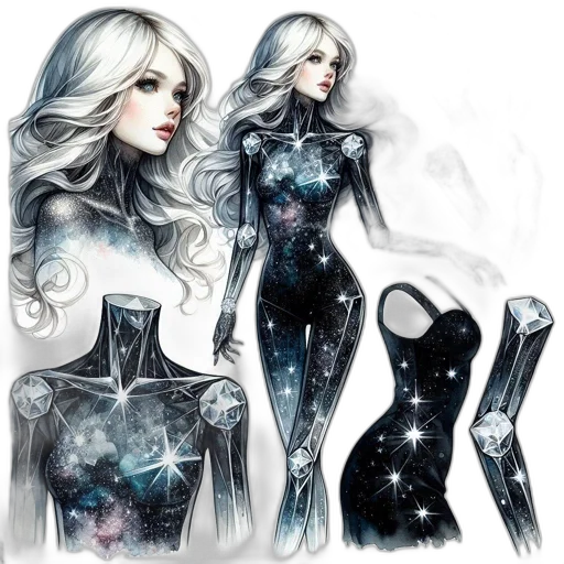 dress, concept art, fantasy art, comic book art, cartoon, outer space, dark, monochrome transparent PNG cut-out