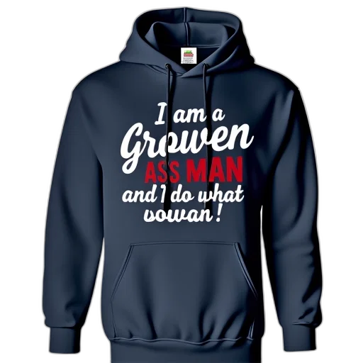 navy, blue, hoodie, graphic, design, front, reads, grown transparent PNG cut-out