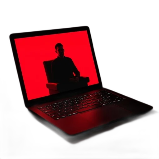 staff, robot, 3d render, cyberpunk, red, sleek, black, laptop transparent PNG cut-out