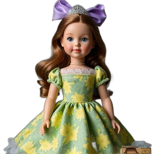 dress, 3d render, photorealistic, doll, dressed, green, yellow, floral transparent PNG cut-out