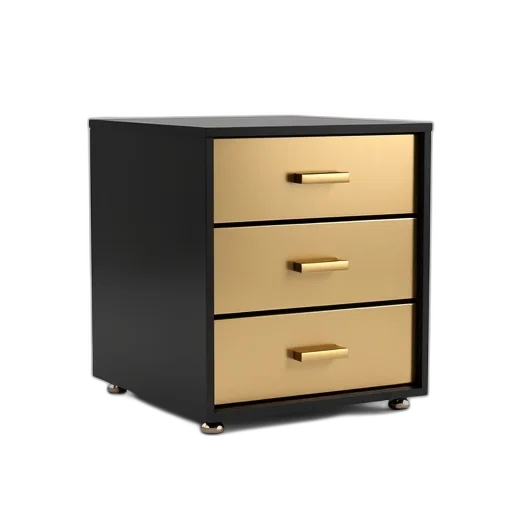 furniture, 3d render, golden, modern, three-drawer, filing, cabinet, black transparent PNG cut-out