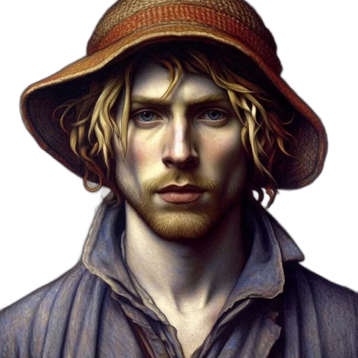 hat, face, jacket, staff, photorealistic, fantasy art, oil painting, concept art transparent PNG cut-out