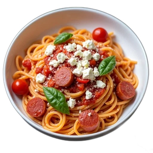 food, photorealistic, 3d render, bowl, pasta, tomato, sauce, feta transparent PNG cut-out