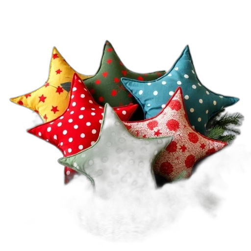 hat, 3d render, photorealistic, collection, colorful, patterned, star-shaped, pillows transparent PNG cut-out