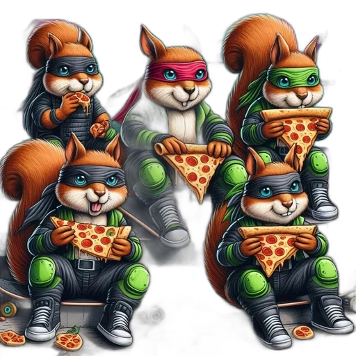 concept art, comic book art, fantasy art, cartoon, animated, squirrels, ninja, costumes transparent PNG cut-out
