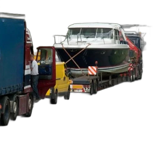 boat, being, transported, back, truck, road transparent PNG cut-out