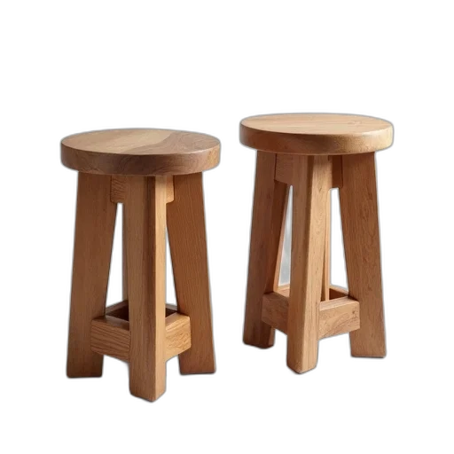 furniture, 3d render, photorealistic, pair, wooden, stools, round, top transparent PNG cut-out
