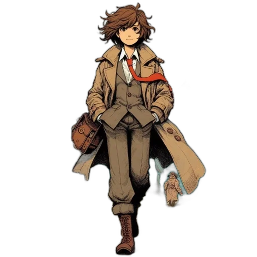 jacket, staff, concept art, pixel art, cartoon, comic book art, earth tones, monochrome transparent PNG cut-out