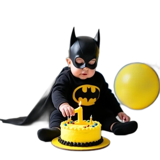 toddler, black, batman, costume, yellow, hat, sitting, white transparent PNG cut-out