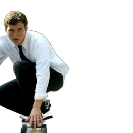 staff, furniture, man, white, shirt, tie, crouches, skateboard transparent PNG cut-out