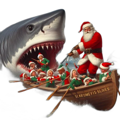 concept art, santa, claus, his, elves, row, away, shark transparent PNG cut-out