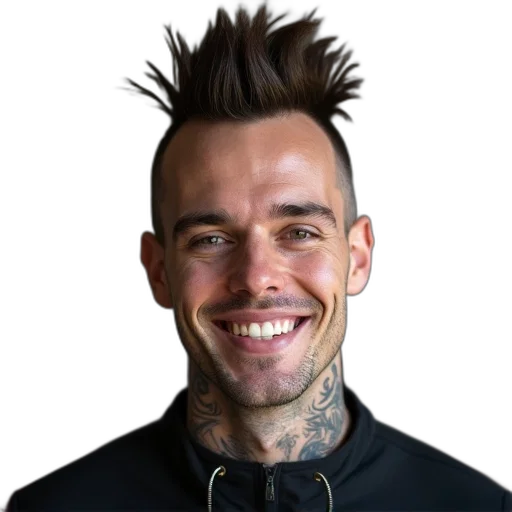 hair, staff, jacket, face, photorealistic, cartoon, man, mohawk transparent PNG cut-out