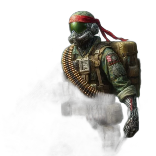 weapon, robot, mask, concept art, pixel art, 3d render, photorealistic, green transparent PNG cut-out