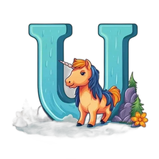 capital, letter, accompanied, blue-maned, unicorn, emerging, blue-colored, body transparent PNG cut-out
