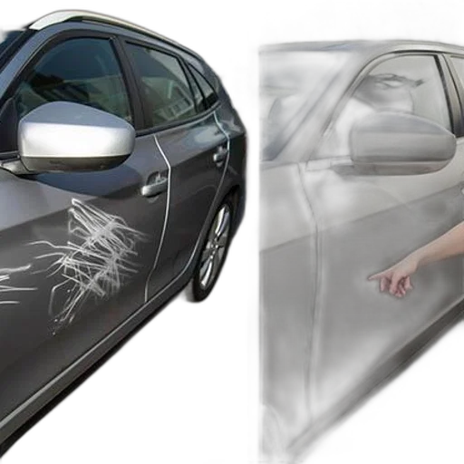 car, photorealistic, concept art, image, woman, pointing, scratches, silver transparent PNG cut-out