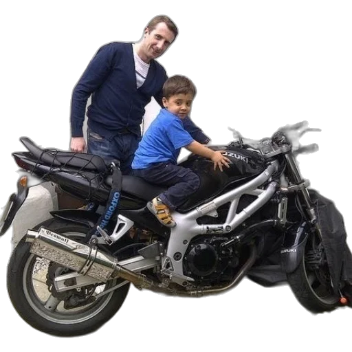 weapon, photorealistic, 3d render, man, child, sit, suzuki, motorcycle transparent PNG cut-out