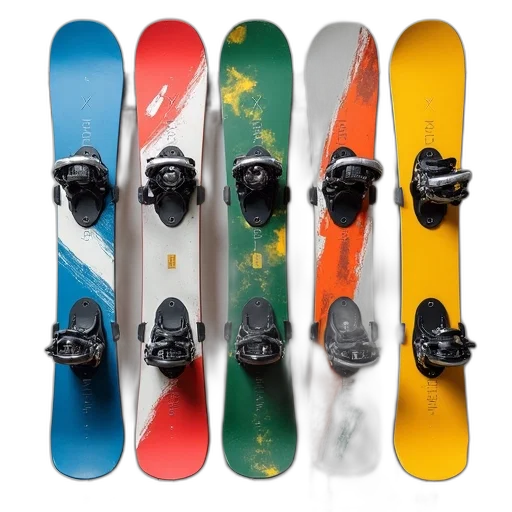 set, five, snowboards, displayed, rack, have, different, designs transparent PNG cut-out
