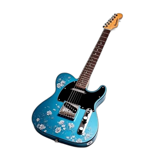 3d render, photorealistic, blue, electric, guitar, floral, pattern, body transparent PNG cut-out
