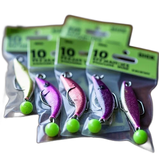 collection, fishing, lures, displayed, wooden, surface, packaged, clear transparent PNG cut-out