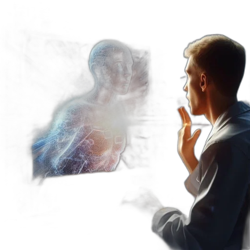 concept art, photorealistic, fog, tech-laden, room, man, studies, holographic transparent PNG cut-out