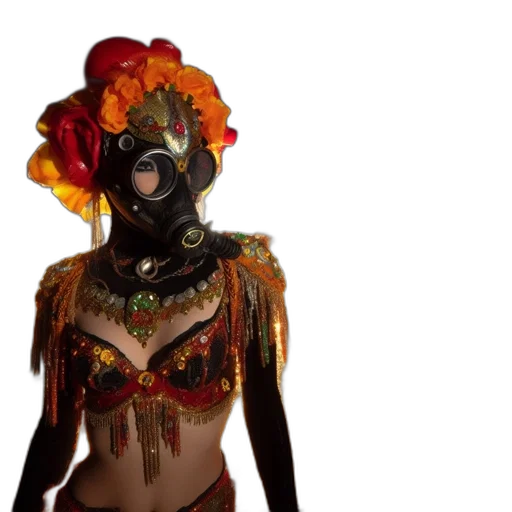 mask, individual, donning, elaborate, black-and-gold, attire, including, distinctive transparent PNG cut-out