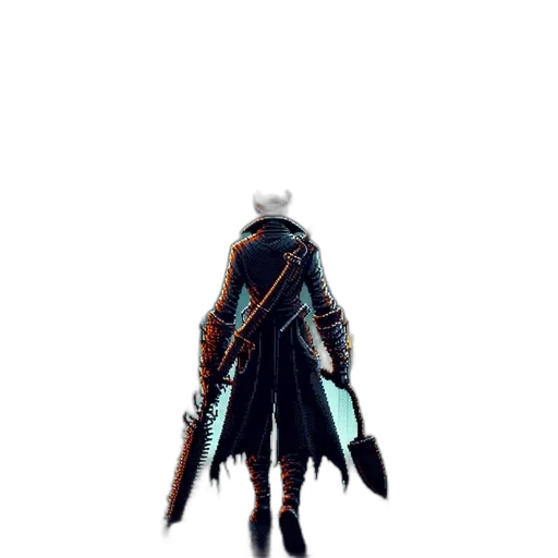 sword, staff, weapon, jacket, pixel art, concept art, fantasy art, 3d render transparent PNG cut-out