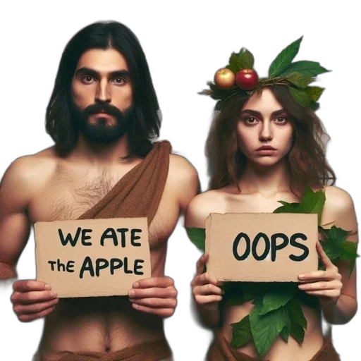 food, concept art, man, woman, dressed, adam, eve, hold transparent PNG cut-out