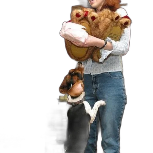 animal, photorealistic, concept art, oil painting, 3d render, woman, jeans, holds transparent PNG cut-out