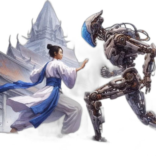 robot, concept art, fantasy art, cyberpunk, underwater, blue, ancient, asian transparent PNG cut-out